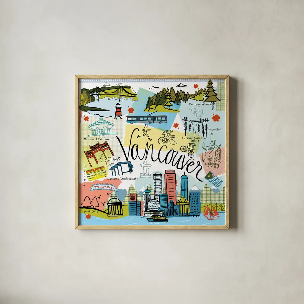 Global Travel V v2 by Farida Zaman. Shown in a natural wood glass frame for a timeless modern aesthetic. Available as an archival giclee rolled canvas, fine art paper, or poster print. SKU 51502a.