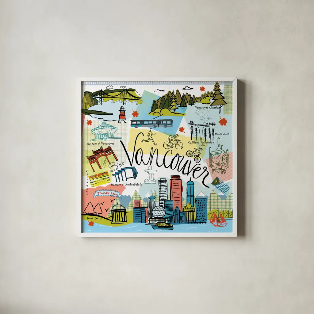 Global Travel V v2 by Farida Zaman. Shown in a crisp white glass frame for a clean and minimalist style. Available as an archival giclee rolled canvas, fine art paper, or poster print. SKU 51502a.