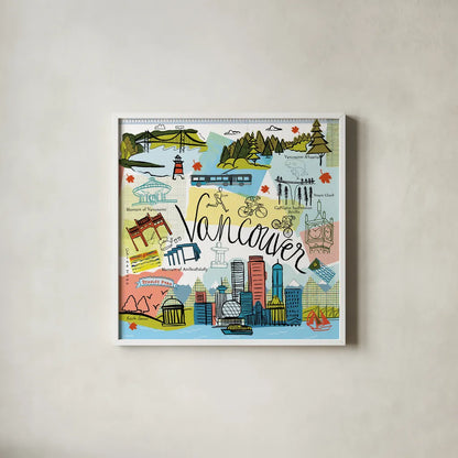 Global Travel V v2 by Farida Zaman. Shown in a crisp white glass frame for a clean and minimalist style. Available as an archival giclee rolled canvas, fine art paper, or poster print. SKU 51502a.