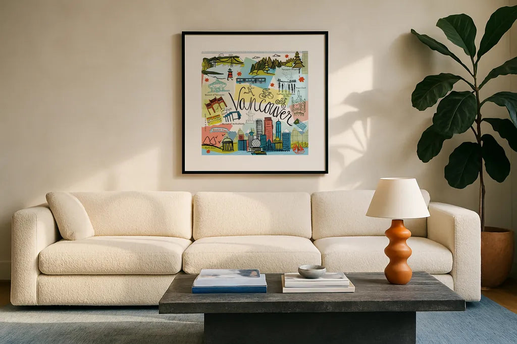 Global Travel V v2 by Farida Zaman. Displayed in a glass frame with matte in a clean modern living room. Available as an archival giclee rolled canvas, fine art paper, or poster print. SKU 51502a.