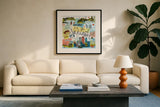 Global Travel V v2 by Farida Zaman. Displayed in a glass frame with matte in a clean modern living room. Available as an archival giclee rolled canvas, fine art paper, or poster print. SKU 51502a.