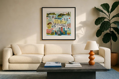 Global Travel V v2 by Farida Zaman. Displayed in a glass frame with matte in a clean modern living room. Available as an archival giclee rolled canvas, fine art paper, or poster print. SKU 51502a.