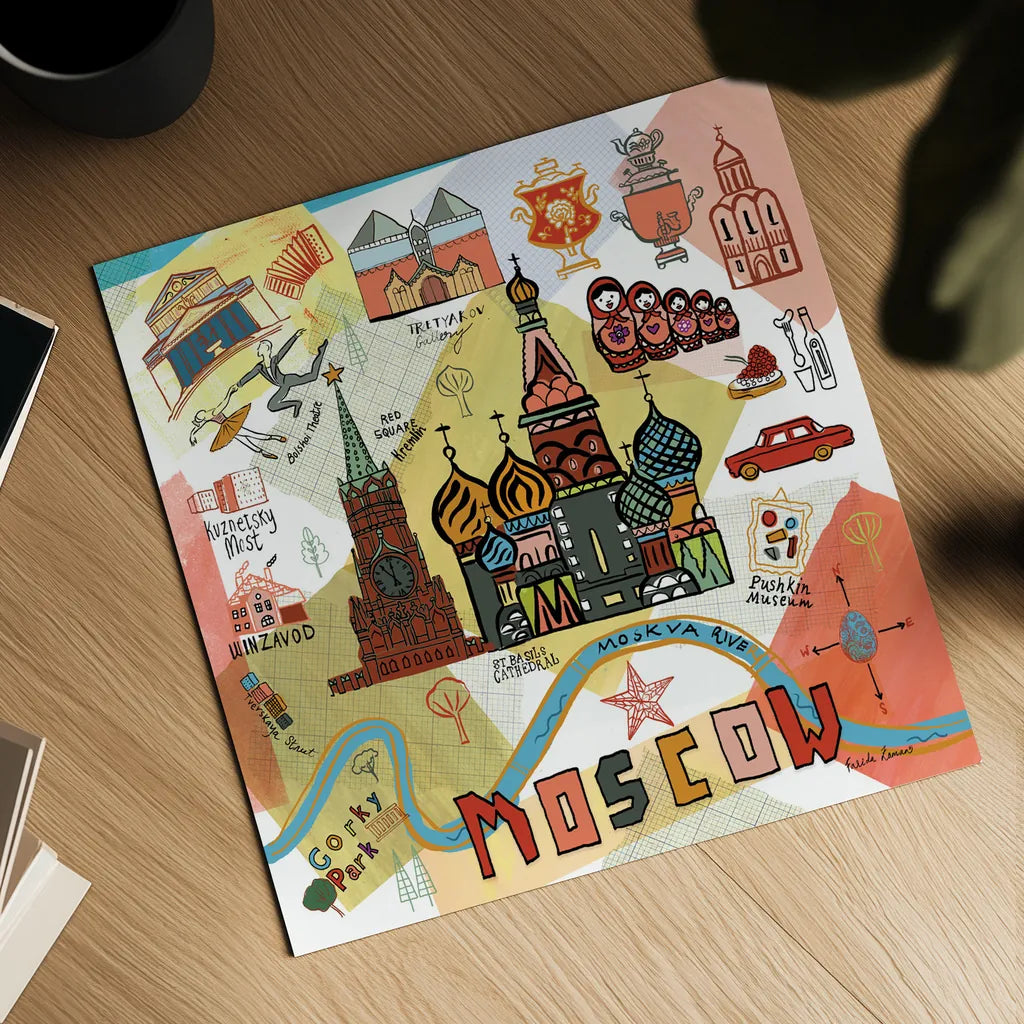 Global Travel VI by Farida Zaman. Shown as a detailed flat fine art print, highlighting archival giclee quality. Available as an archival giclee rolled canvas, fine art paper, or poster print. SKU 44990a.