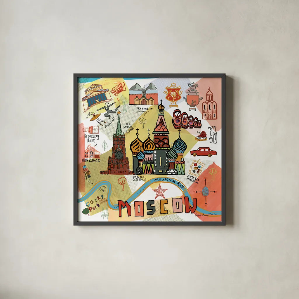 Global Travel VI by Farida Zaman. Shown in a sleek black glass frame for a contemporary gallery look. Available as an archival giclee rolled canvas, fine art paper, or poster print. SKU 44990a.