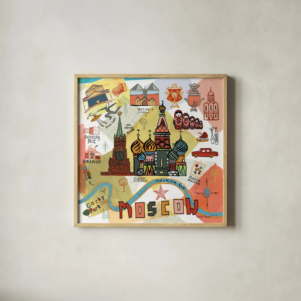 Global Travel VI by Farida Zaman. Shown in a natural wood glass frame for a timeless modern aesthetic. Available as an archival giclee rolled canvas, fine art paper, or poster print. SKU 44990a.