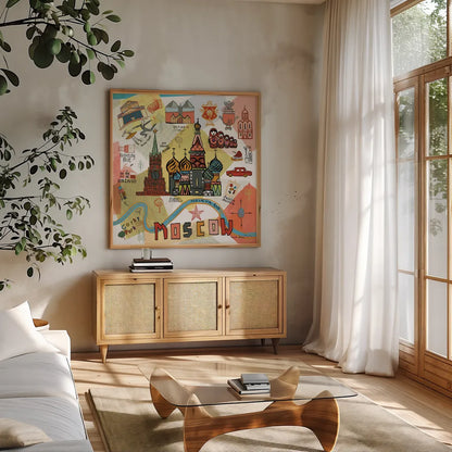 Global Travel VI by Farida Zaman. Shown in a natural wood frame in a cozy modern living room. Available as an archival giclee rolled canvas, fine art paper, or poster print. SKU 44990a.