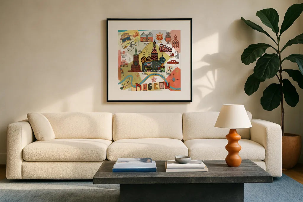 Global Travel VI by Farida Zaman. Displayed in a glass frame with matte in a clean modern living room. Available as an archival giclee rolled canvas, fine art paper, or poster print. SKU 44990a.