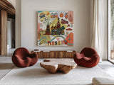 Global Travel VI by Farida Zaman. Shown as extra-large giant wall art in a modern living room. Available as an archival giclee rolled canvas, fine art paper, or poster print. SKU 44990a.