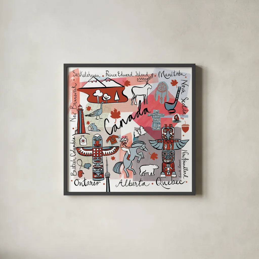 Global Travel VII by Farida Zaman. Shown in a sleek black glass frame for a contemporary gallery look. Available as an archival giclee rolled canvas, fine art paper, or poster print. SKU 44991a.