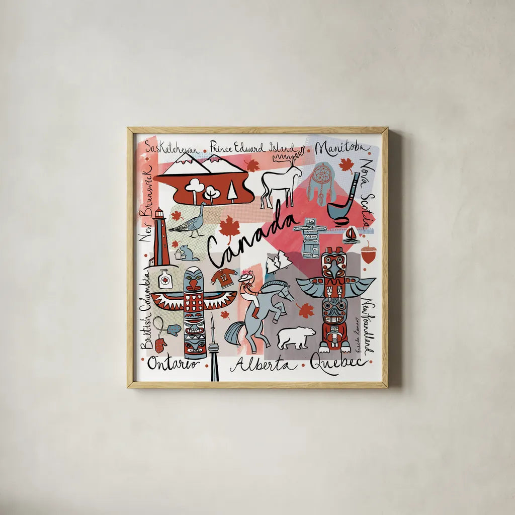 Global Travel VII by Farida Zaman. Shown in a natural wood glass frame for a timeless modern aesthetic. Available as an archival giclee rolled canvas, fine art paper, or poster print. SKU 44991a.