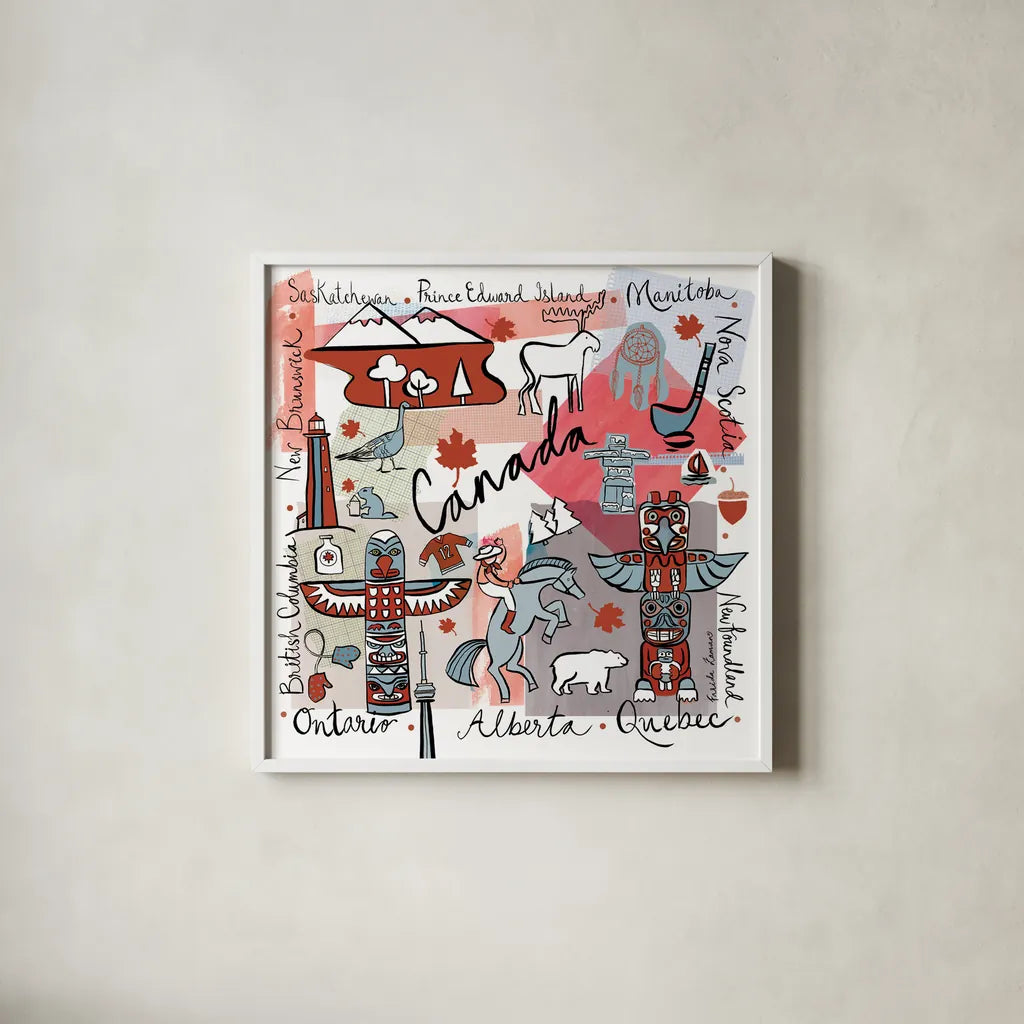 Global Travel VII by Farida Zaman. Shown in a crisp white glass frame for a clean and minimalist style. Available as an archival giclee rolled canvas, fine art paper, or poster print. SKU 44991a.