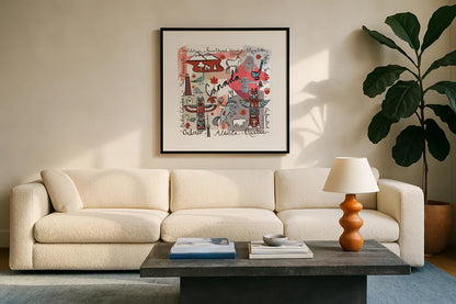Global Travel VII by Farida Zaman. Displayed in a glass frame with matte in a clean modern living room. Available as an archival giclee rolled canvas, fine art paper, or poster print. SKU 44991a.