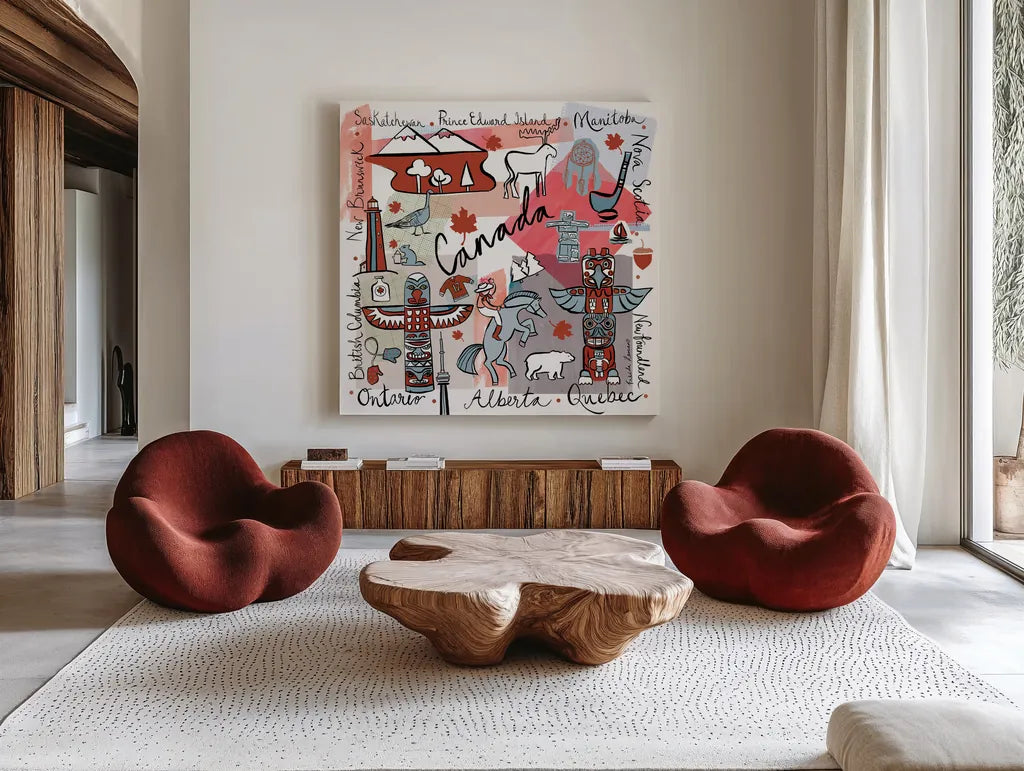 Global Travel VII by Farida Zaman. Shown as extra-large giant wall art in a modern living room. Available as an archival giclee rolled canvas, fine art paper, or poster print. SKU 44991a.