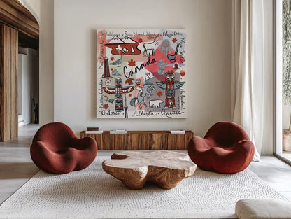 Global Travel VII by Farida Zaman. Shown as extra-large giant wall art in a modern living room. Available as an archival giclee rolled canvas, fine art paper, or poster print. SKU 44991a.
