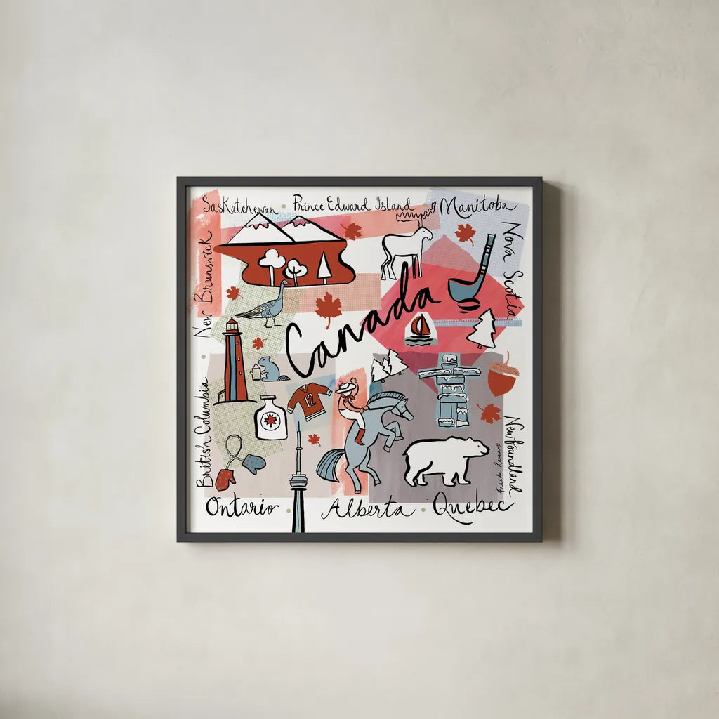 Global Travel VII v2 by Farida Zaman. Shown in a sleek black glass frame for a contemporary gallery look. Available as an archival giclee rolled canvas, fine art paper, or poster print. SKU 51503a.