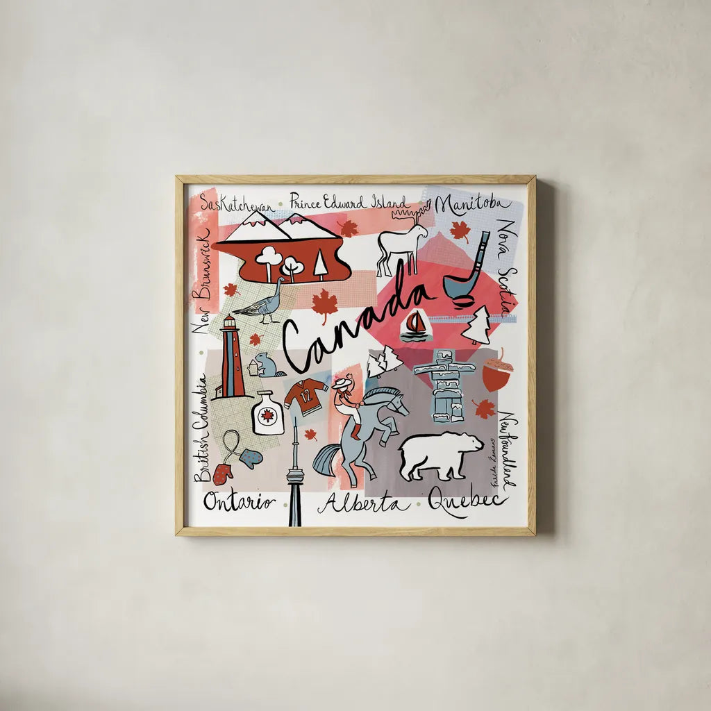 Global Travel VII v2 by Farida Zaman. Shown in a natural wood glass frame for a timeless modern aesthetic. Available as an archival giclee rolled canvas, fine art paper, or poster print. SKU 51503a.