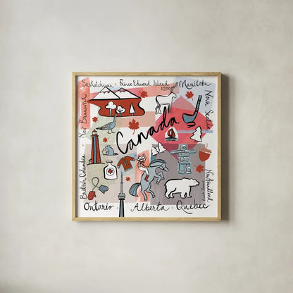 Global Travel VII v2 by Farida Zaman. Shown in a natural wood glass frame for a timeless modern aesthetic. Available as an archival giclee rolled canvas, fine art paper, or poster print. SKU 51503a.