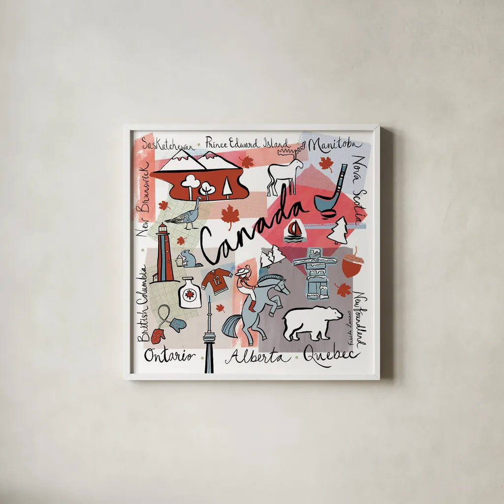 Global Travel VII v2 by Farida Zaman. Shown in a crisp white glass frame for a clean and minimalist style. Available as an archival giclee rolled canvas, fine art paper, or poster print. SKU 51503a.