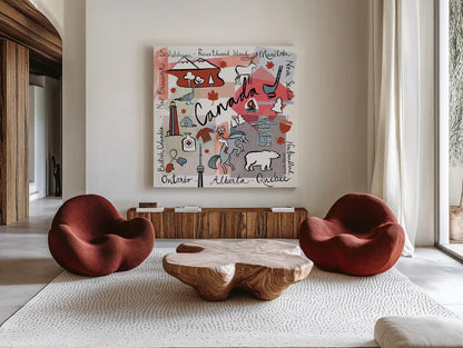 Global Travel VII v2 by Farida Zaman. Shown as extra-large giant wall art in a modern living room. Available as an archival giclee rolled canvas, fine art paper, or poster print. SKU 51503a.