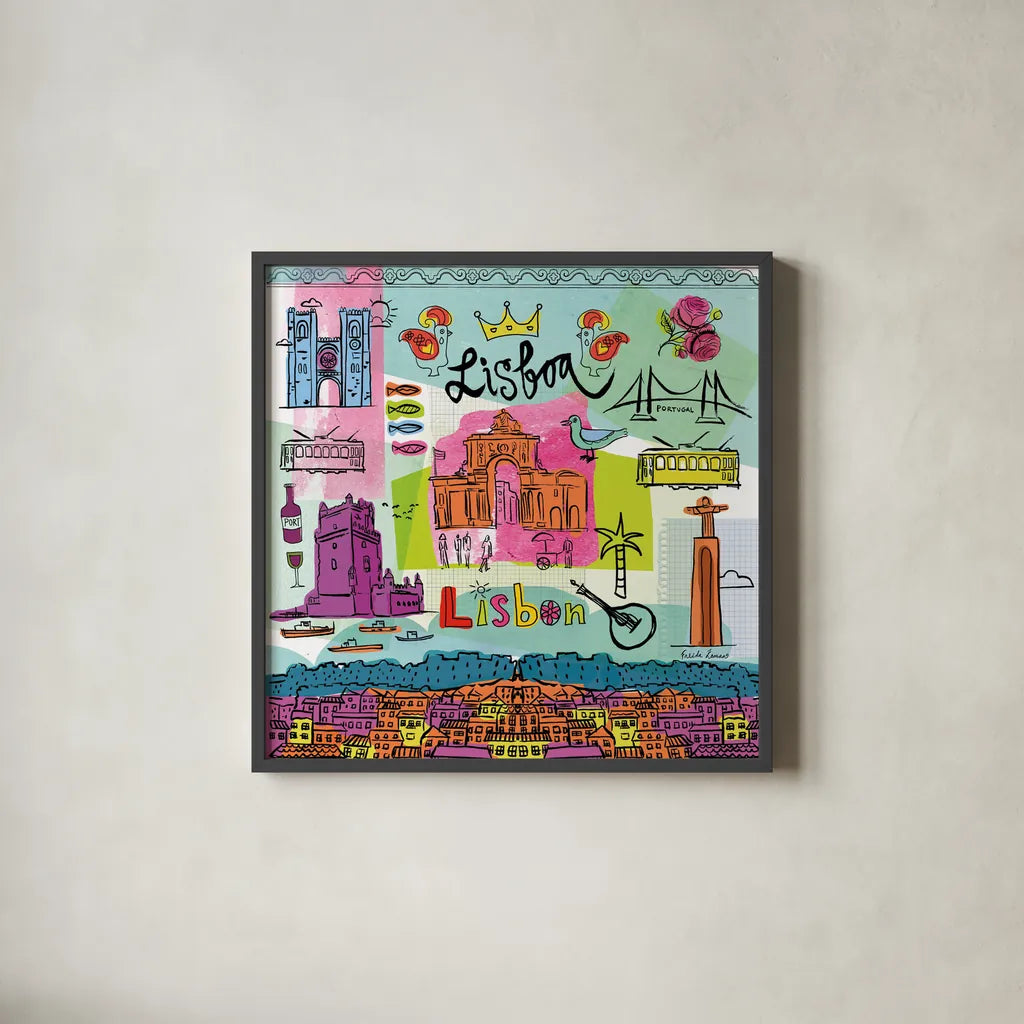 Global Travel VIII by Farida Zaman. Shown in a sleek black glass frame for a contemporary gallery look. Available as an archival giclee rolled canvas, fine art paper, or poster print. SKU 44992a.