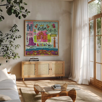 Global Travel VIII by Farida Zaman. Shown in a natural wood frame in a cozy modern living room. Available as an archival giclee rolled canvas, fine art paper, or poster print. SKU 44992a.