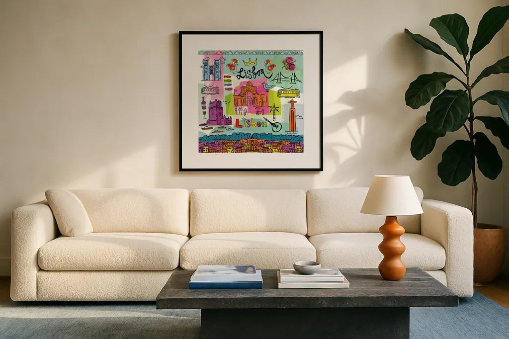 Global Travel VIII by Farida Zaman. Displayed in a glass frame with matte in a clean modern living room. Available as an archival giclee rolled canvas, fine art paper, or poster print. SKU 44992a.