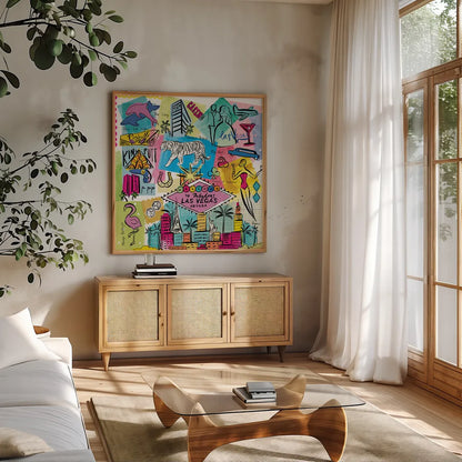 Global Travel X by Farida Zaman. Shown in a natural wood frame in a cozy modern living room. Available as an archival giclee rolled canvas, fine art paper, or poster print. SKU 44994a.