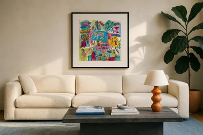 Global Travel X by Farida Zaman. Displayed in a glass frame with matte in a clean modern living room. Available as an archival giclee rolled canvas, fine art paper, or poster print. SKU 44994a.
