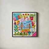 Global Travel XI by Farida Zaman. Shown in a sleek black glass frame for a contemporary gallery look. Available as an archival giclee rolled canvas, fine art paper, or poster print. SKU 44995a.