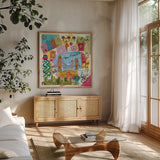 Global Travel XI by Farida Zaman. Shown in a natural wood frame in a cozy modern living room. Available as an archival giclee rolled canvas, fine art paper, or poster print. SKU 44995a.