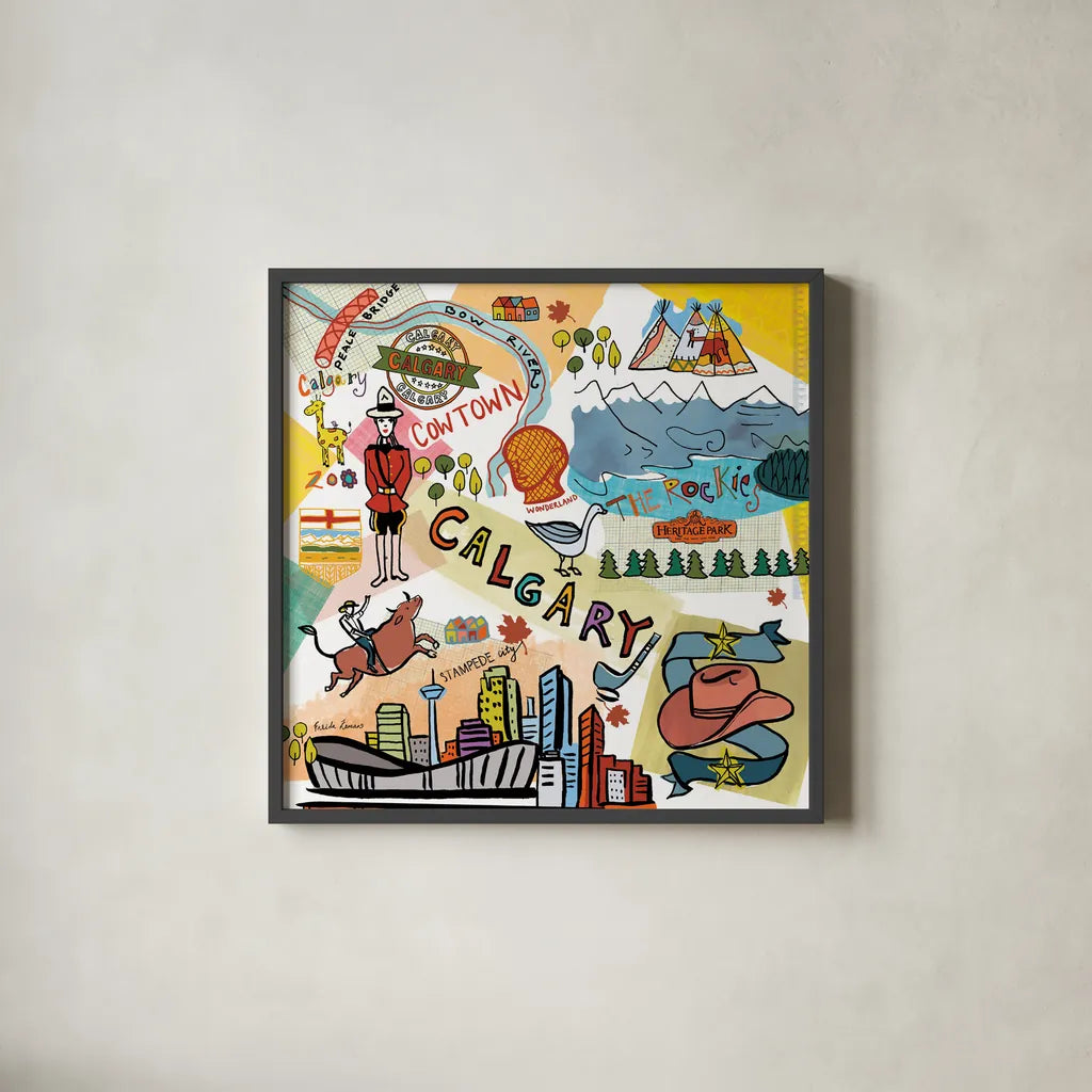 Global Travel XII by Farida Zaman. Shown in a sleek black glass frame for a contemporary gallery look. Available as an archival giclee rolled canvas, fine art paper, or poster print. SKU 44996a.