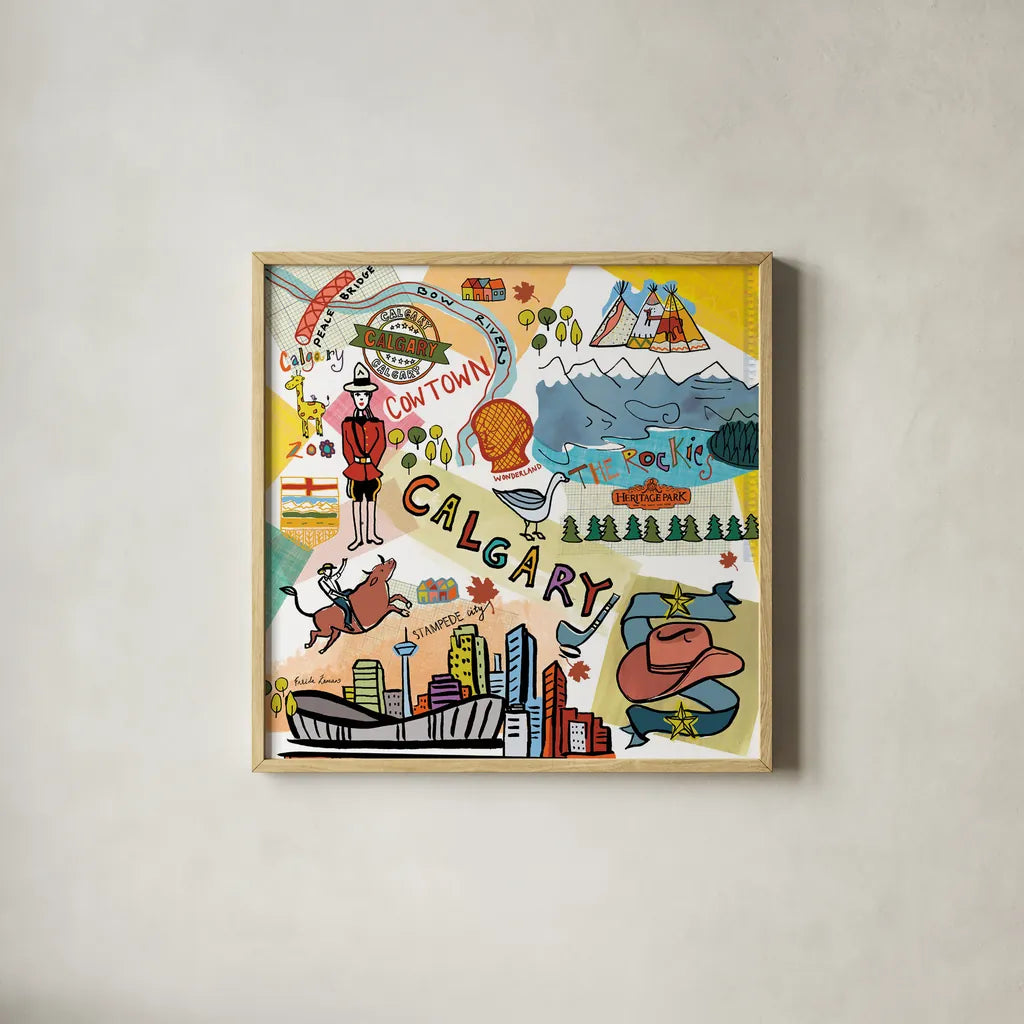 Global Travel XII by Farida Zaman. Shown in a natural wood glass frame for a timeless modern aesthetic. Available as an archival giclee rolled canvas, fine art paper, or poster print. SKU 44996a.