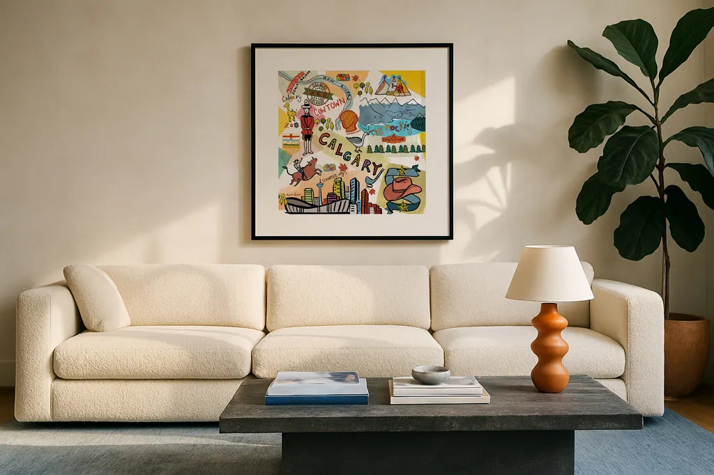 Global Travel XII by Farida Zaman. Displayed in a glass frame with matte in a clean modern living room. Available as an archival giclee rolled canvas, fine art paper, or poster print. SKU 44996a.