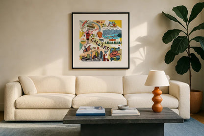 Global Travel XII by Farida Zaman. Displayed in a glass frame with matte in a clean modern living room. Available as an archival giclee rolled canvas, fine art paper, or poster print. SKU 44996a.