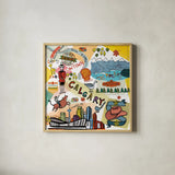 Global Travel XII v2 by Farida Zaman. Shown in a natural wood glass frame for a timeless modern aesthetic. Available as an archival giclee rolled canvas, fine art paper, or poster print. SKU 51504a.