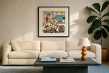 Global Travel XII v2 by Farida Zaman. Displayed in a glass frame with matte in a clean modern living room. Available as an archival giclee rolled canvas, fine art paper, or poster print. SKU 51504a.