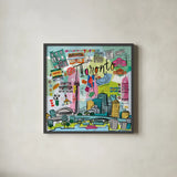 Global Travel XIII by Farida Zaman. Shown in a sleek black glass frame for a contemporary gallery look. Available as an archival giclee rolled canvas, fine art paper, or poster print. SKU 44997a.