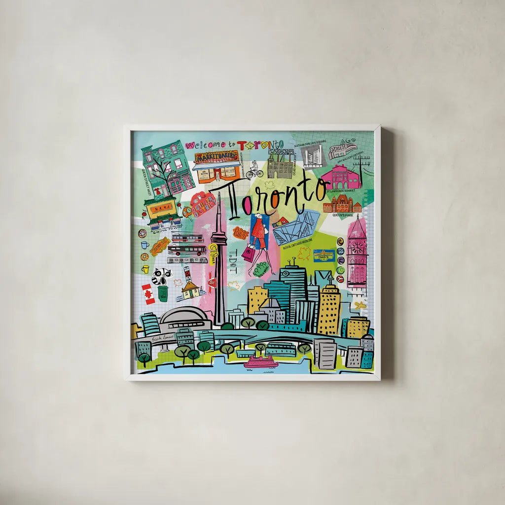 Global Travel XIII by Farida Zaman. Shown in a crisp white glass frame for a clean and minimalist style. Available as an archival giclee rolled canvas, fine art paper, or poster print. SKU 44997a.