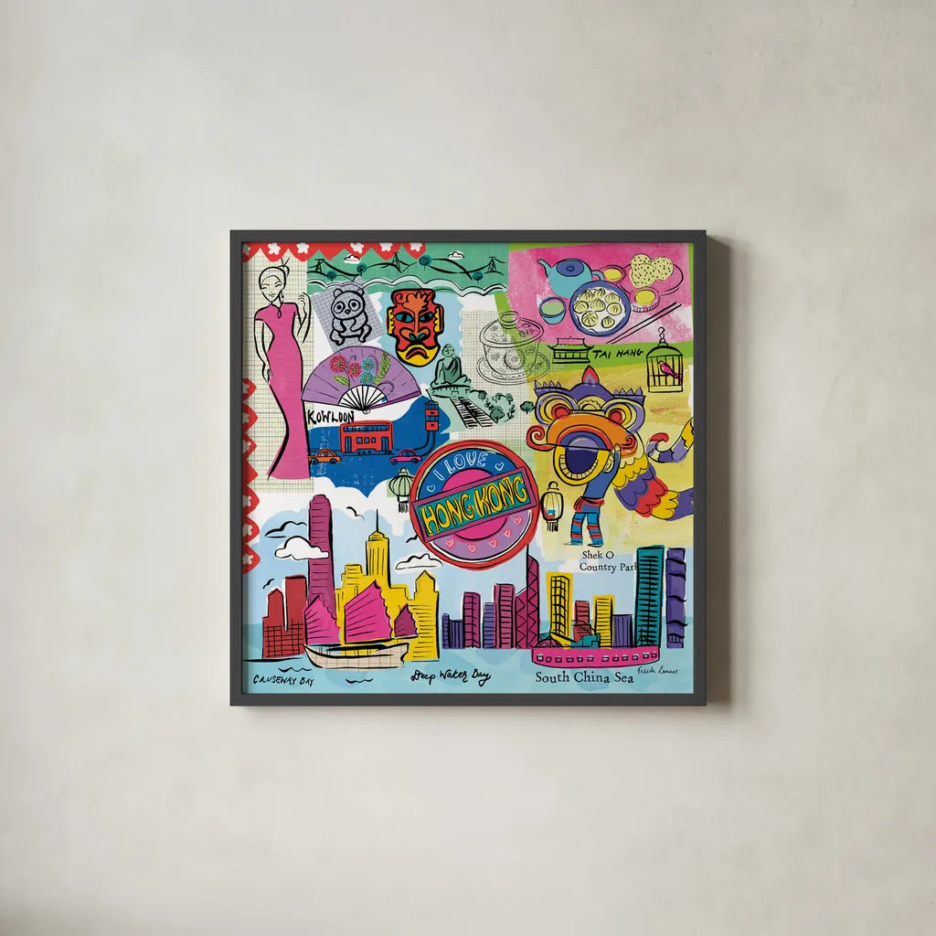 Global Travel XIV by Farida Zaman. Shown in a sleek black glass frame for a contemporary gallery look. Available as an archival giclee rolled canvas, fine art paper, or poster print. SKU 44998a.