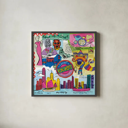 Global Travel XIV by Farida Zaman. Shown in a sleek black glass frame for a contemporary gallery look. Available as an archival giclee rolled canvas, fine art paper, or poster print. SKU 44998a.