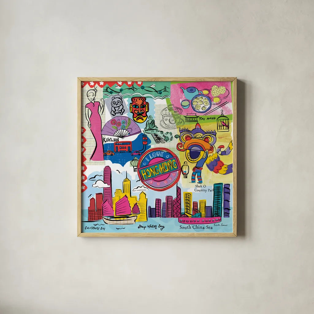 Global Travel XIV by Farida Zaman. Shown in a natural wood glass frame for a timeless modern aesthetic. Available as an archival giclee rolled canvas, fine art paper, or poster print. SKU 44998a.