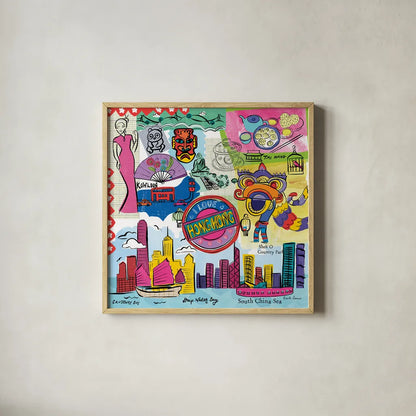 Global Travel XIV by Farida Zaman. Shown in a natural wood glass frame for a timeless modern aesthetic. Available as an archival giclee rolled canvas, fine art paper, or poster print. SKU 44998a.