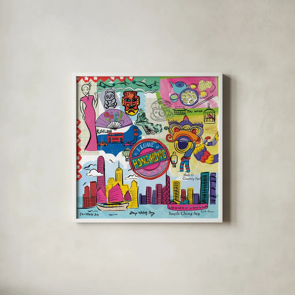 Global Travel XIV by Farida Zaman. Shown in a crisp white glass frame for a clean and minimalist style. Available as an archival giclee rolled canvas, fine art paper, or poster print. SKU 44998a.