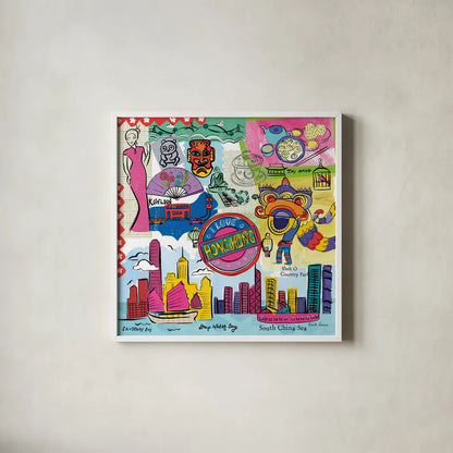 Global Travel XIV by Farida Zaman. Shown in a crisp white glass frame for a clean and minimalist style. Available as an archival giclee rolled canvas, fine art paper, or poster print. SKU 44998a.