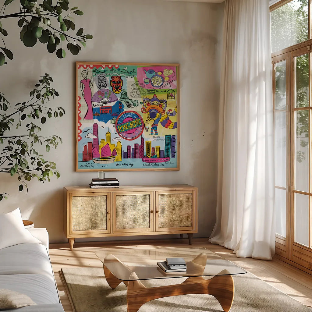 Global Travel XIV by Farida Zaman. Shown in a natural wood frame in a cozy modern living room. Available as an archival giclee rolled canvas, fine art paper, or poster print. SKU 44998a.