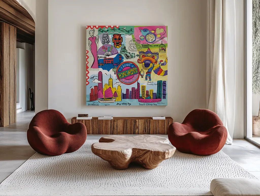 Global Travel XIV by Farida Zaman. Shown as extra-large giant wall art in a modern living room. Available as an archival giclee rolled canvas, fine art paper, or poster print. SKU 44998a.