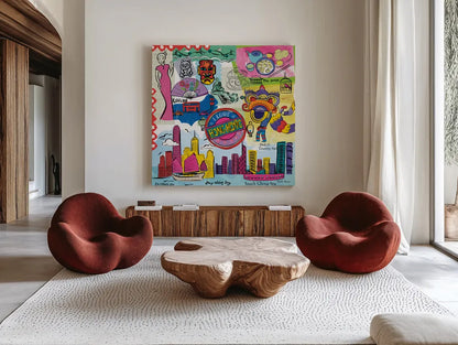 Global Travel XIV by Farida Zaman. Shown as extra-large giant wall art in a modern living room. Available as an archival giclee rolled canvas, fine art paper, or poster print. SKU 44998a.