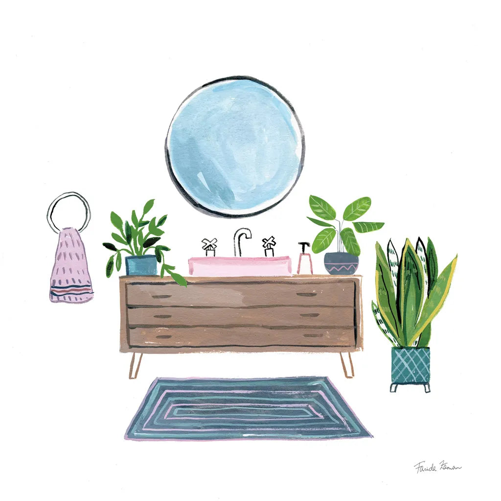 Green Bathroom I by Farida Zaman. SKU 57349a. Archival Giclee Fine art print for wall decor.