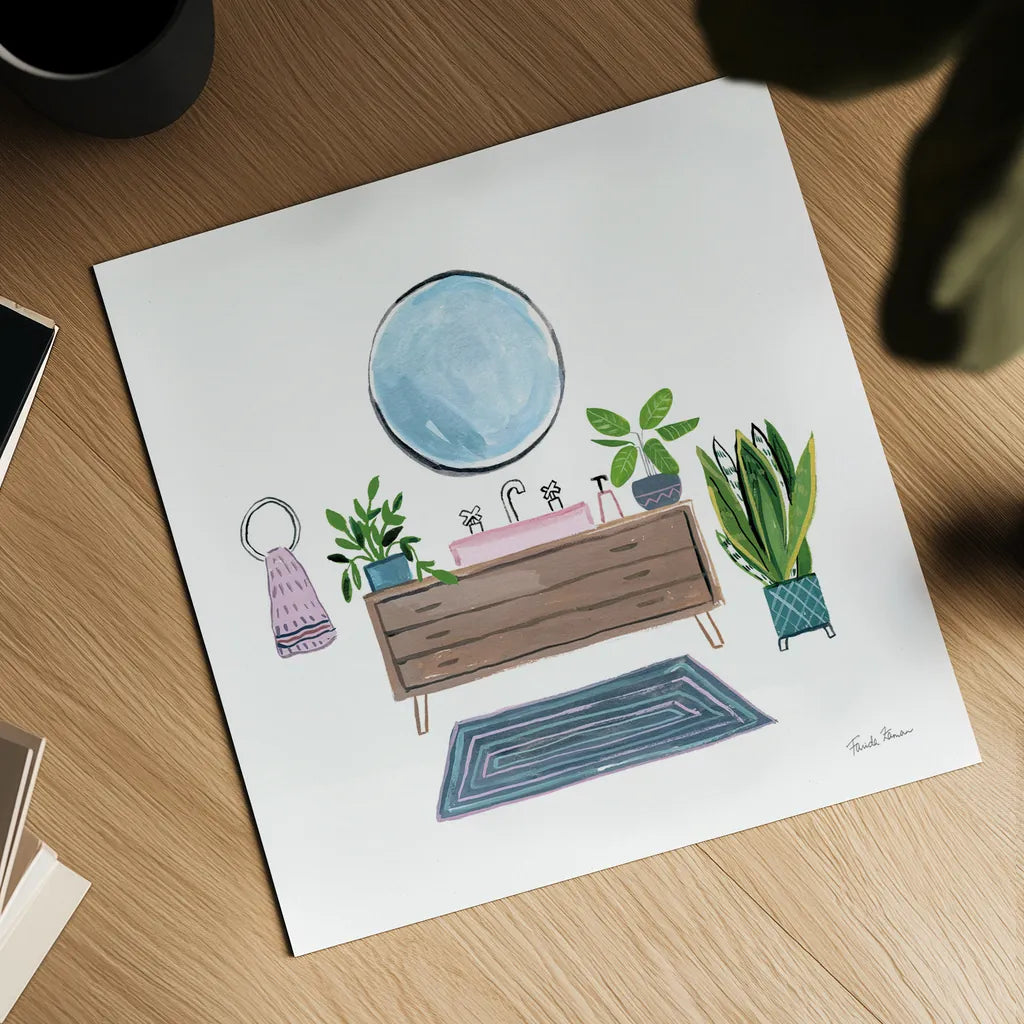 Green Bathroom I by Farida Zaman. Shown as a detailed flat fine art print, highlighting archival giclee quality. Available as an archival giclee rolled canvas, fine art paper, or poster print. SKU 57349a.