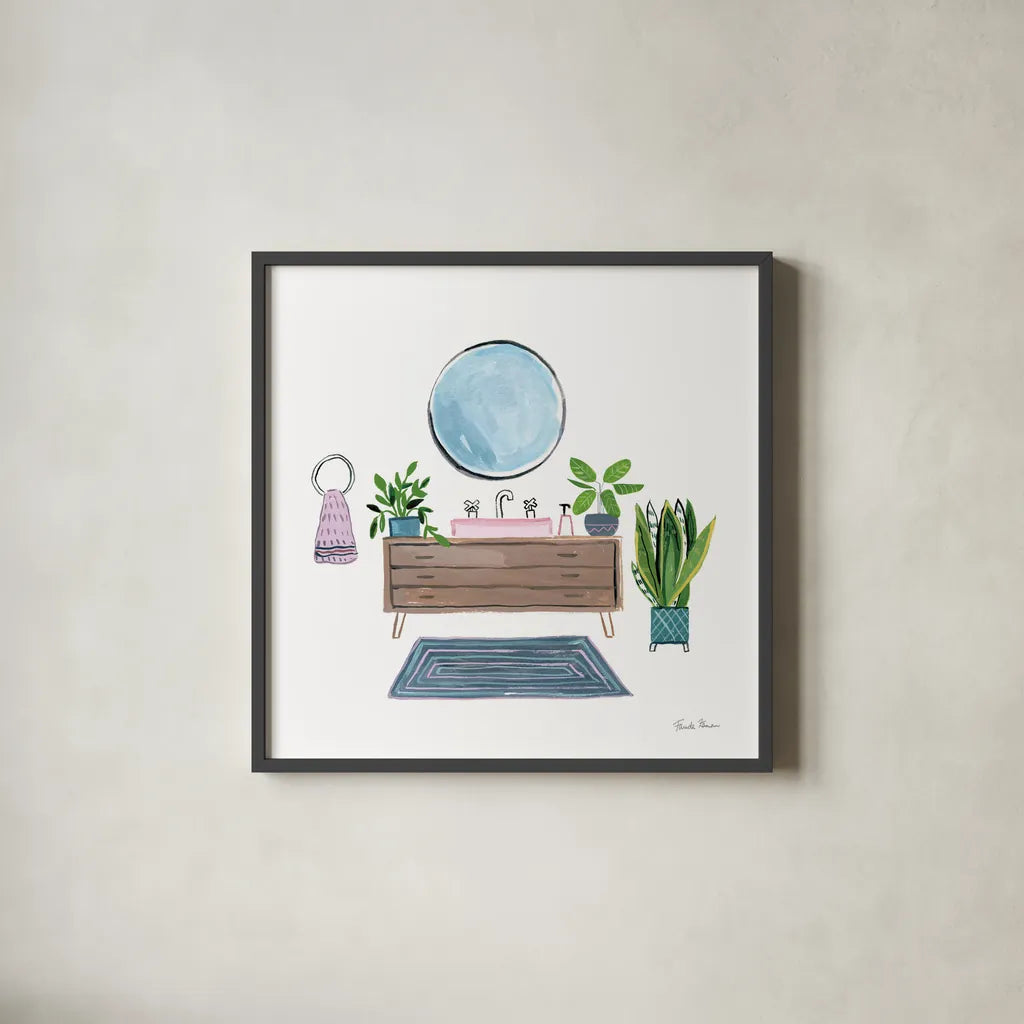 Green Bathroom I by Farida Zaman. Shown in a sleek black glass frame for a contemporary gallery look. Available as an archival giclee rolled canvas, fine art paper, or poster print. SKU 57349a.
